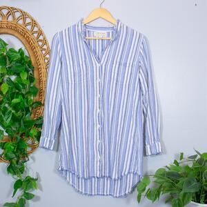 Coastal Blue Stripe Button Down Shirt Ruffle V-Yoke Soft Cotton | True Summer